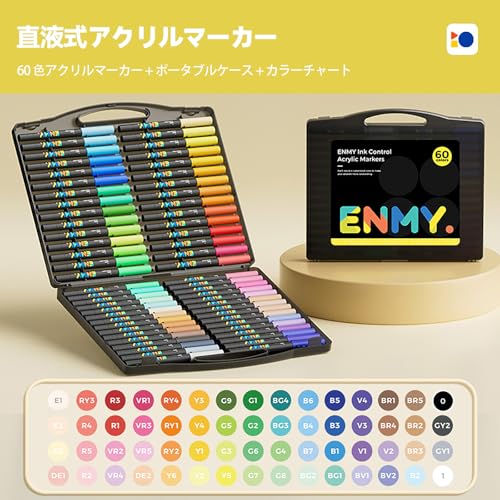 ENMY 60-Color Set of Direct-Ink Acrylic Markers, Water-Based, Brush Pens for Art, Manga, Fabric, Knitting, Canvas, Glass, Wood, and Textiles