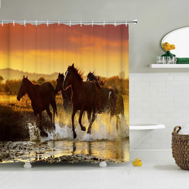 

Horses Animal Shower Curtains Grassland Steed Bathtub Screen Waterproof Fabric Polyester Home Decoration Washable With Hooks W60H190(CM)-1 Pcs
