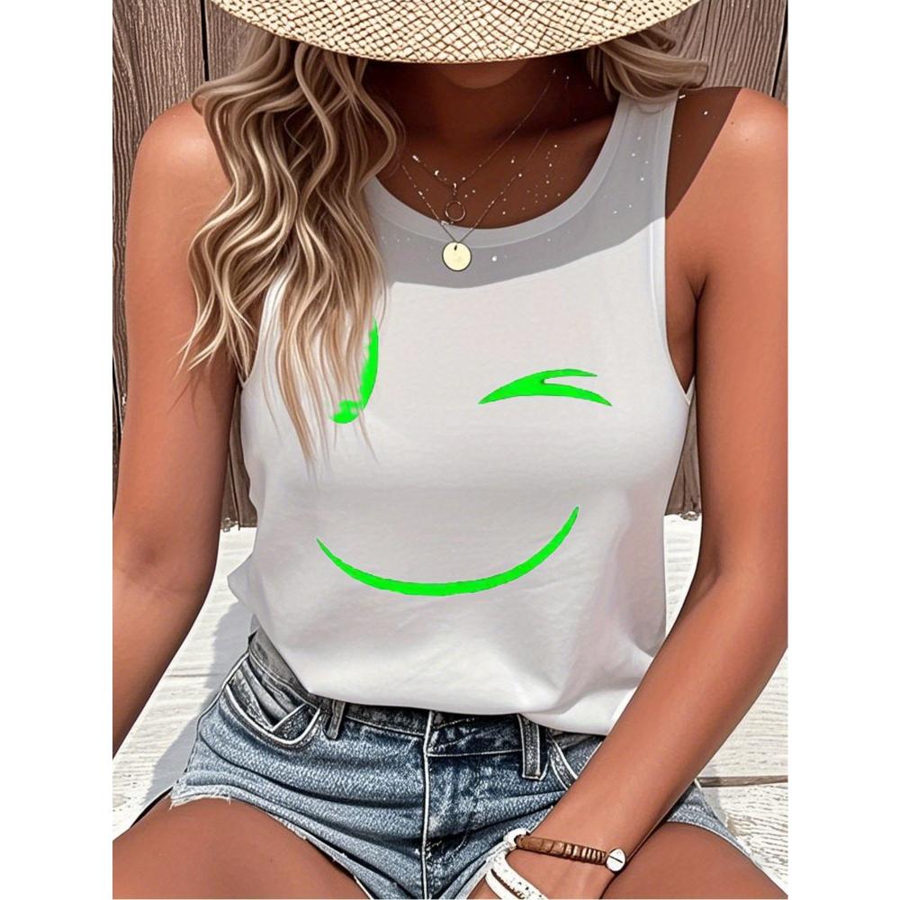 Loose Plus Size Wing Pattern Printed Round Neck White Vest Summer Casual Sleeveless Top Women's Clothing