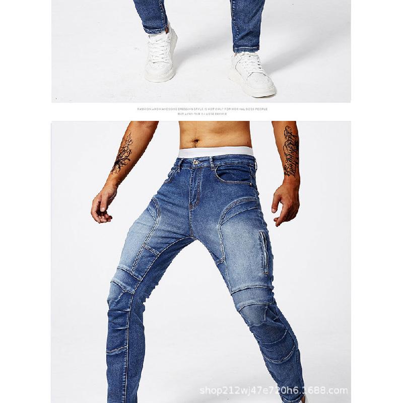 Jeans in stile motociclista da uomo, moda street europea, jeans skinny elasticizzati slim-fit, jeans dritti da uomo