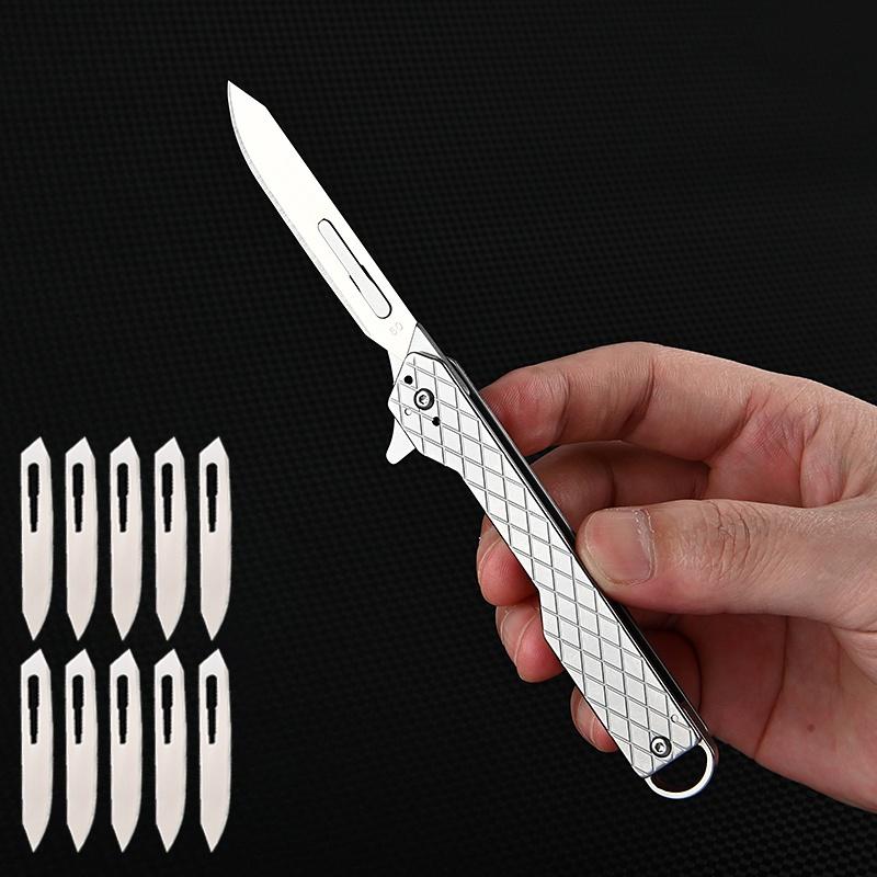 Plaid Stainless Steel Folding Knife with 10pcs Replacement Blades Mini Scalpel Outdoor Survival Camping Portable EDC Tool Cutter