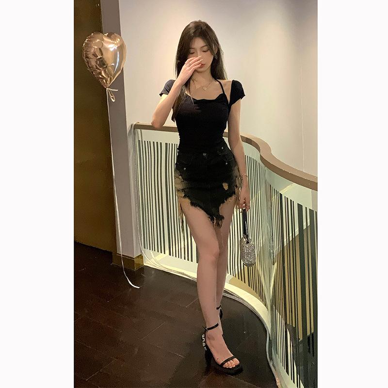 Pure Desire Sexy Neck Short-sleeved T-shirt Women's Summer Card Waist Shirt Design Sense Niche Foreign Style Short High-waisted Top