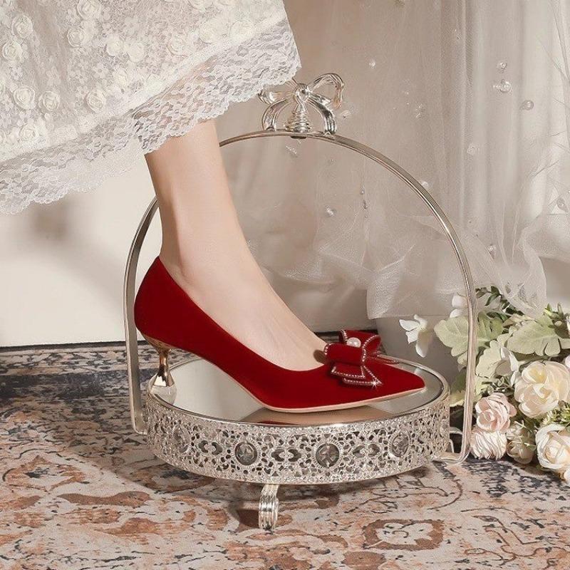 Fashion Women's Fashion Thin Heel Single Shoes Autumn New Pointed Head Shallow Mouth Suede Butterfly Knot High Heels Wedding Shoes