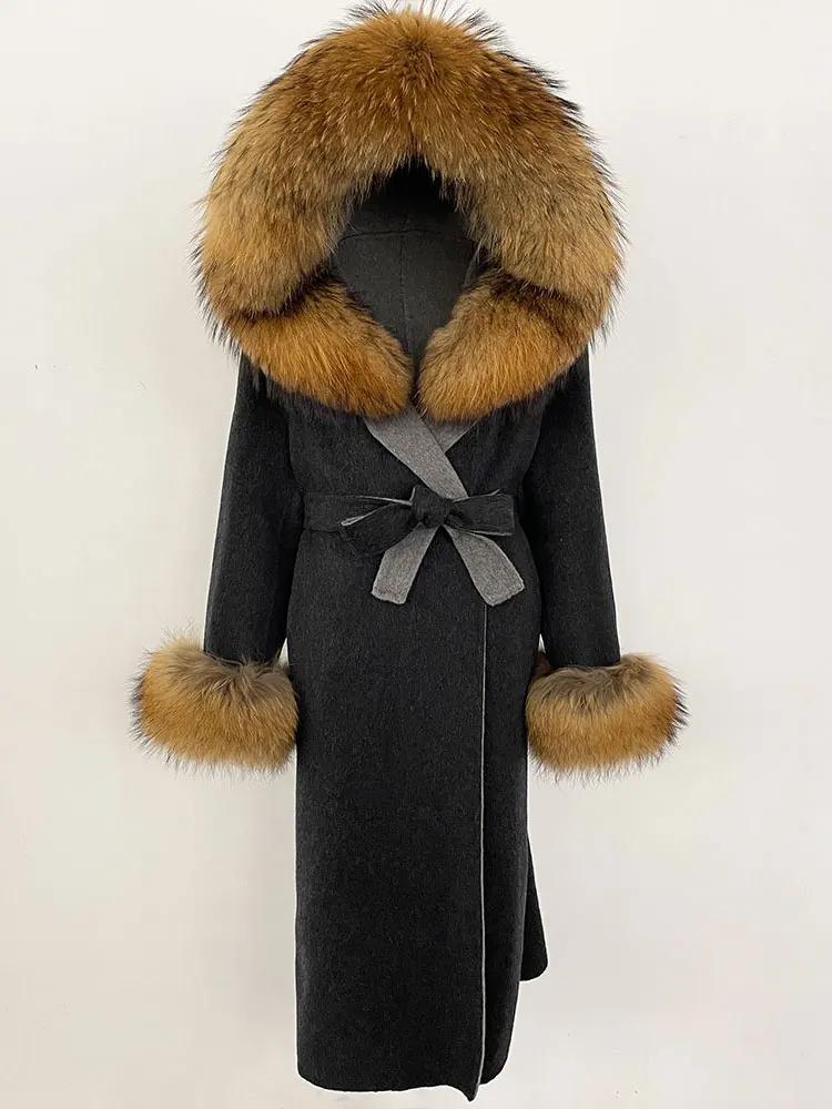 OFTBUY Winter Women Coat Real Natural Fox Fur Hooded Detachable Collar Double-faced Woolen Jacket Long Casual Elegant Overwears