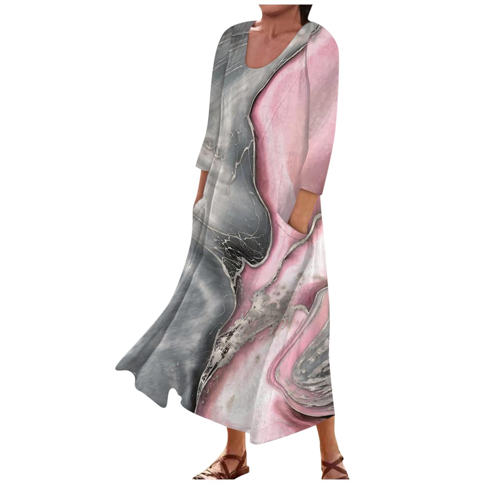 

Women s Fashion Casual Print Round Neck 3/4 Sleeve Loose Pocket Dress XXXL