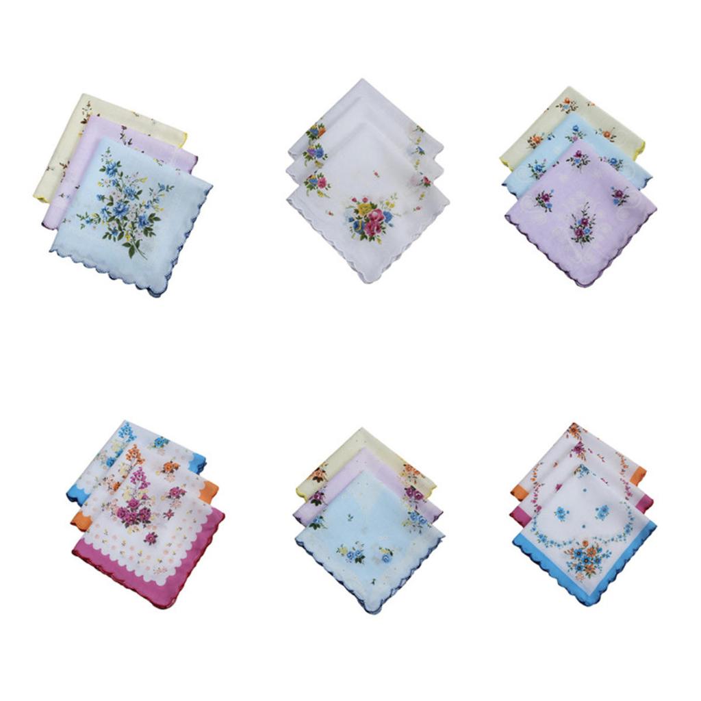 3ks Květinové kapesníkové ručníky 30*29cm Elegantní Vintage Klasické Bavlněné Hanky ​​Letní Přenosné Dámské Ručníky