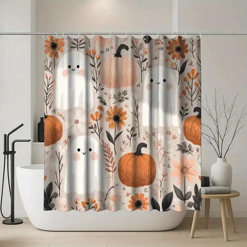1Pc Halloween Ghost And Pumpkin Pattern Shower Curtain, Polyester Fabric, Machine Washable, Suitable For Bathroom Decoration