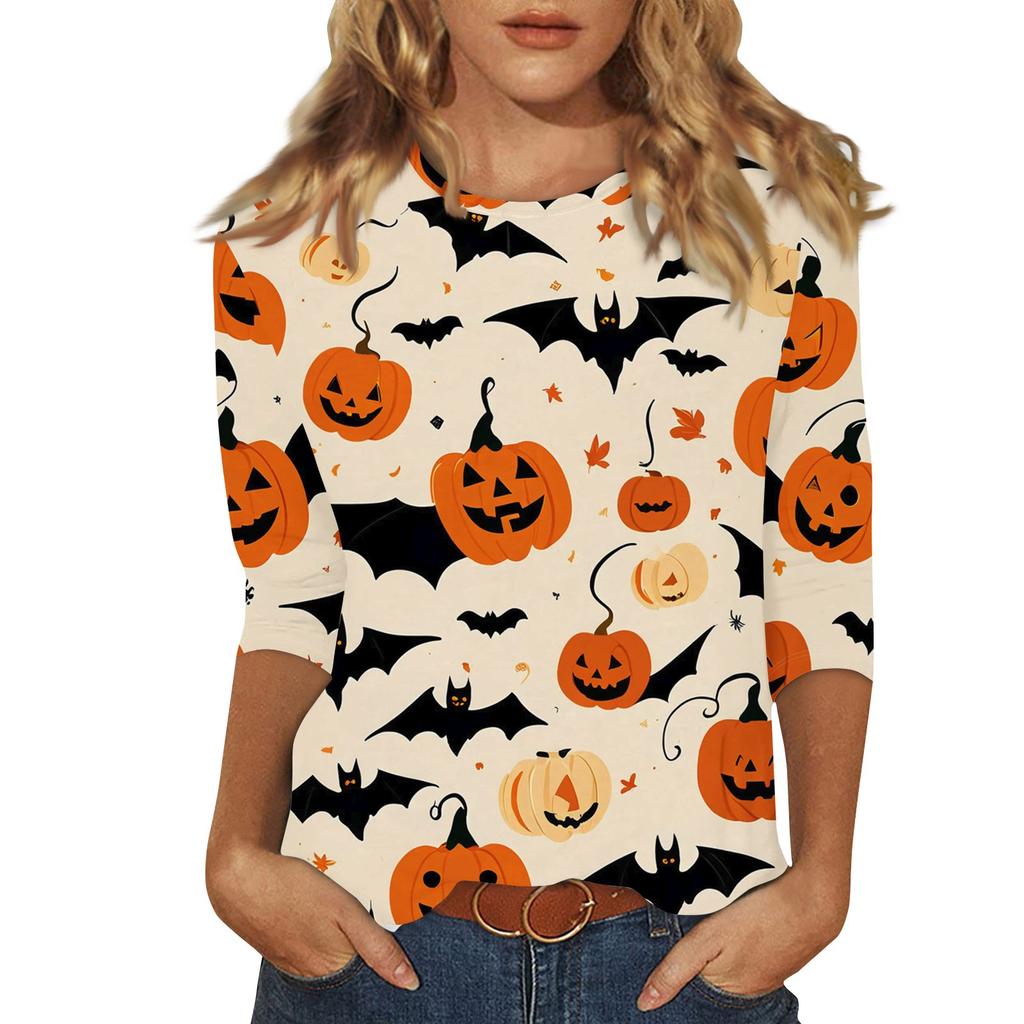 Women's Fashion Casual Three-quarter Sleeve Halloween Printed Round Neck Top