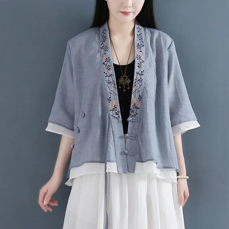 diagonal placket three-disc buckle medium-sleeved pure cotton fake two-piece shirt blouse women's new retro tea clothes cotton and linen cardigan