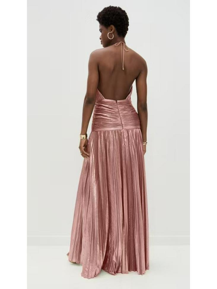European and American Women's Metallic Pleated Slit Halter Dress 8155 - Sleeveless & Backless