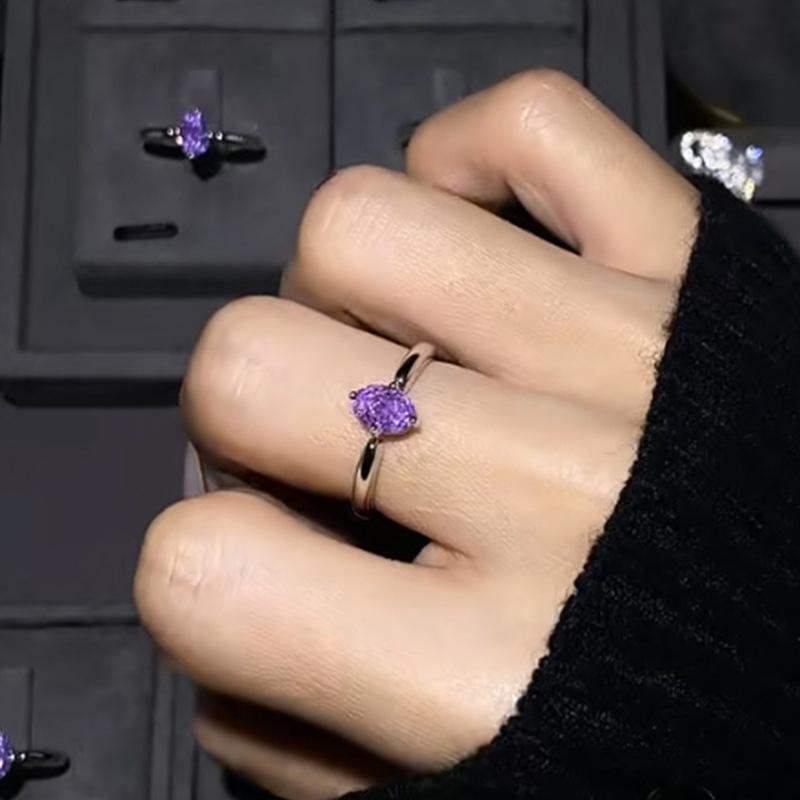Extremely Simple Style Purple Water Droplet Sparkling Diamond Ring Adjustable opening фиолетовый