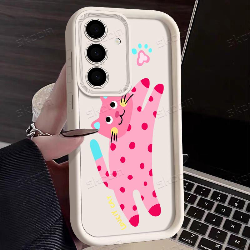Kawaii Pink Cat Pattern Phone Case For Samsung Galaxy S25 S24 S23 S22 S21 Ultra Plus S20 FE A54 A55 A15 A35 Silicone Soft Cover