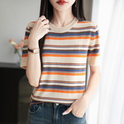 T-shirt à manches courtes en coton pur rayé à col rond pour femme, mode d'été polyvalent simple, pull-over, haut ample et atmosphérique