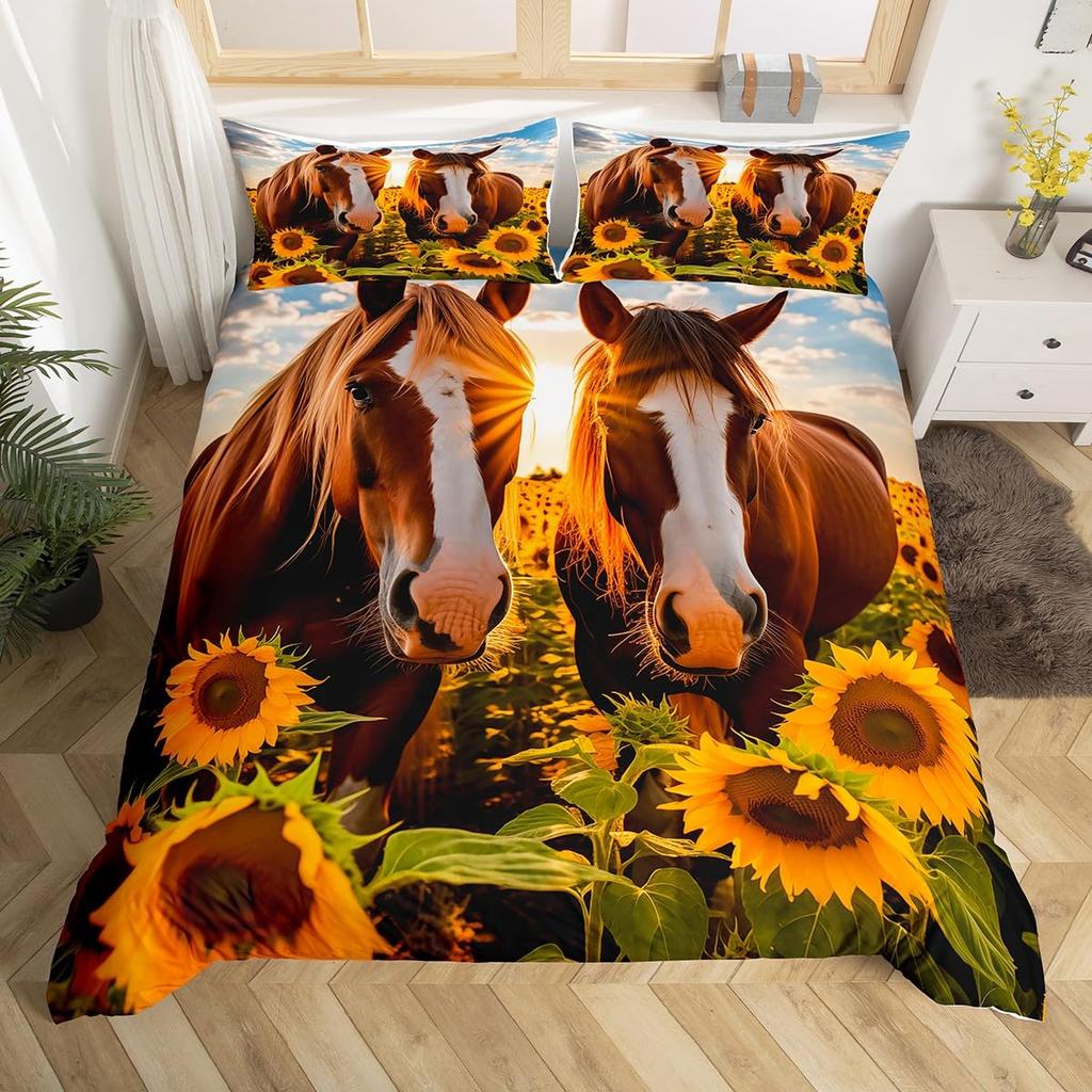 Horse Duvet Cover Western Cowboy Farmhouse Animal Bedding Set Soft Sunflower Floral Comforter Cover Twin Queen For Boys Girls