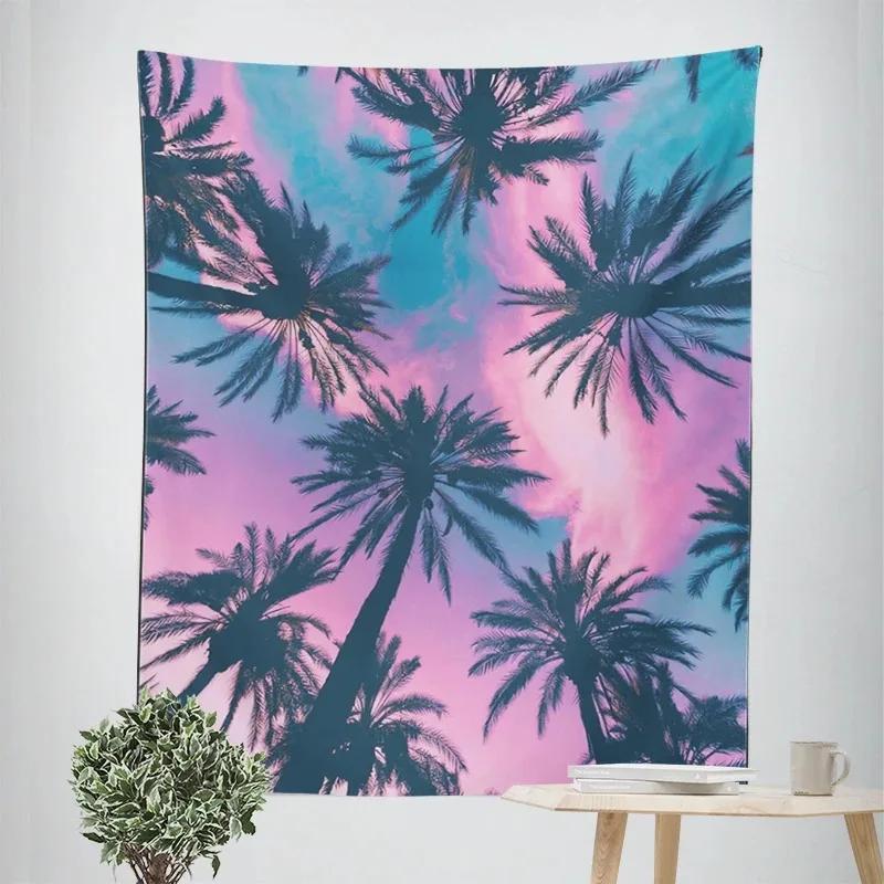 Tapeçaria decorativa tropical de coqueiros ao anoitecer, decoração de parede para casa, escritório, sala de estar