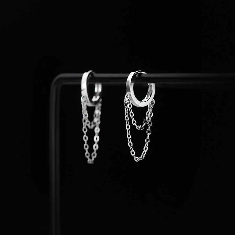 925 Sterling Silver Trendy Geometric Link Chain Tassel Hoop Earrings for Women Girls Party Gift Fine Jewelry