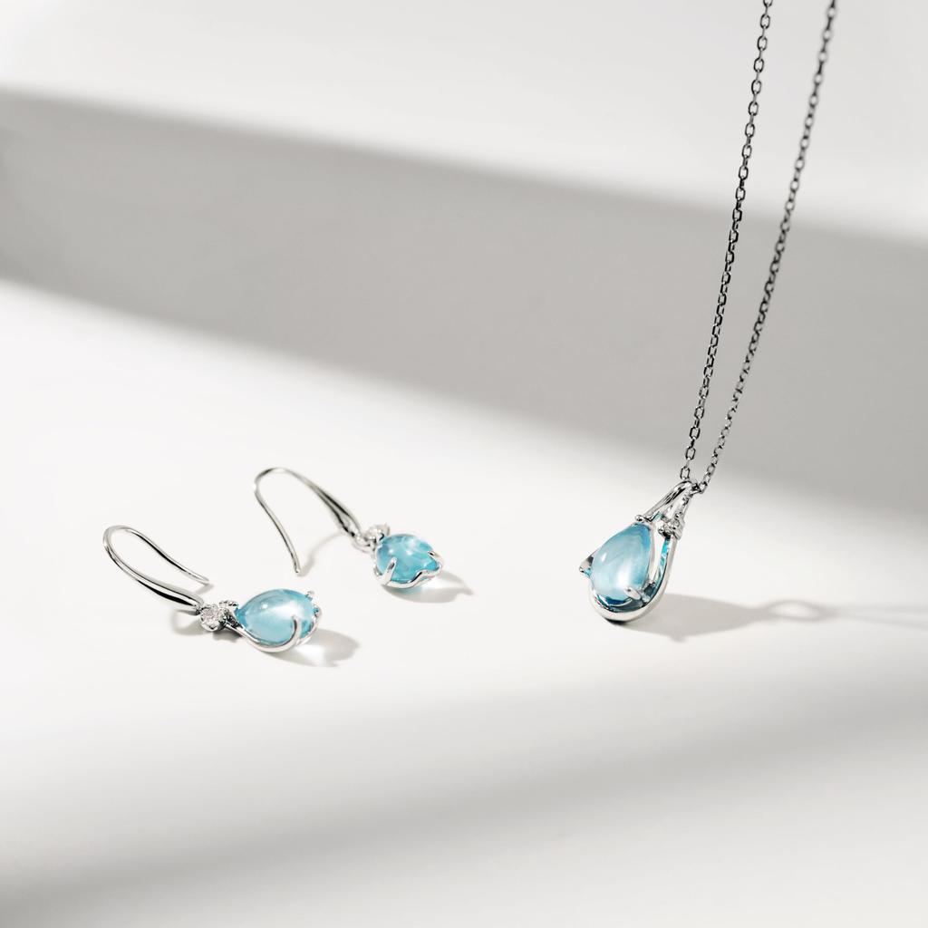 Aquamarine Earrings and Necklace March Birthstone Silver Light Birthday Accessories [FH.bird] Set, "Angel Stone", 925, Hypoallergenic, Rust-Resistant,