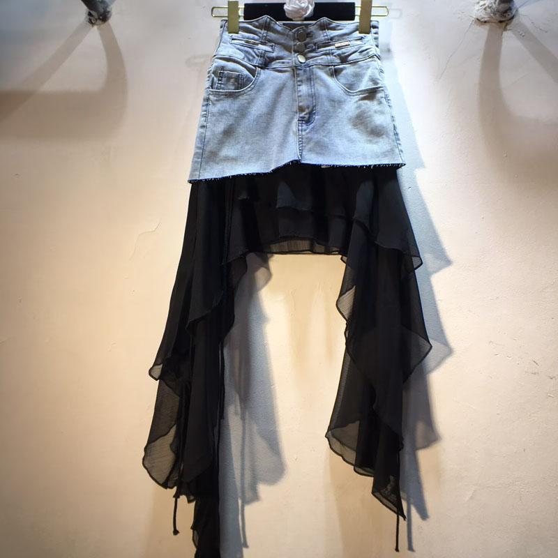 Stazione europea estate nuovo splicing gonna in chiffon vita alta elastico sottile gonna in denim gonna corta tendenza