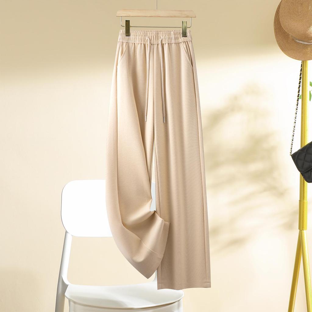 Apricot Draped Narrow-Wide Leg Women's Pants, Spring/Autumn 2025, Popular Light Luxury Casual Elastic Waist Straight-Leg Design.