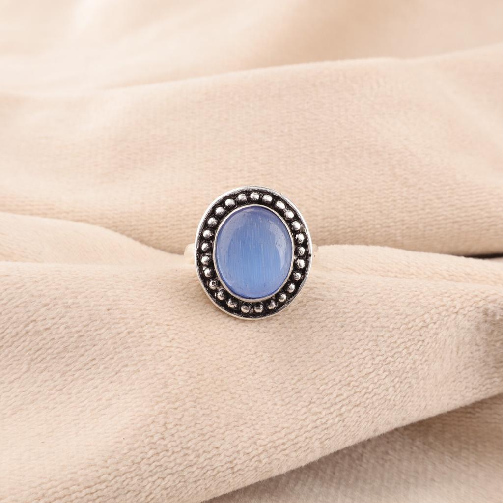 Dunkelblauer Katzenaugen-Edelstein 925 Gestempeltes Silber Handgefertigter Verlobungsring für Sie RR-62-39