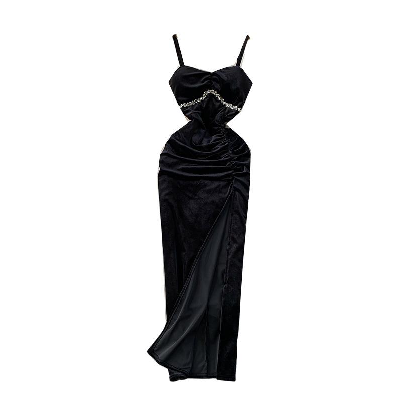 Dinner Dress Women's Autumn and Winter Premium Sense Velvet with Chest Pad Suspender Skirt Diamond Waist Elegant Split Dress