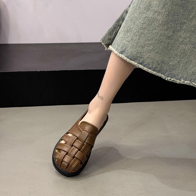 Women's Flat Bot Hollow Woven Sandals Open Toe Slip-On Summer Oes Korean Sle  Knot PU Material Rubber Sole