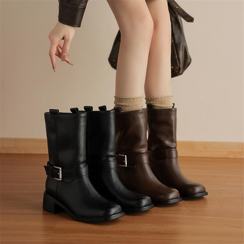 Fashion New Autumn/winter Split Leather Women Boot Round Toe Shoes for Women Fashion Boots Chunky Heels Mid-calf Boots Western Boots