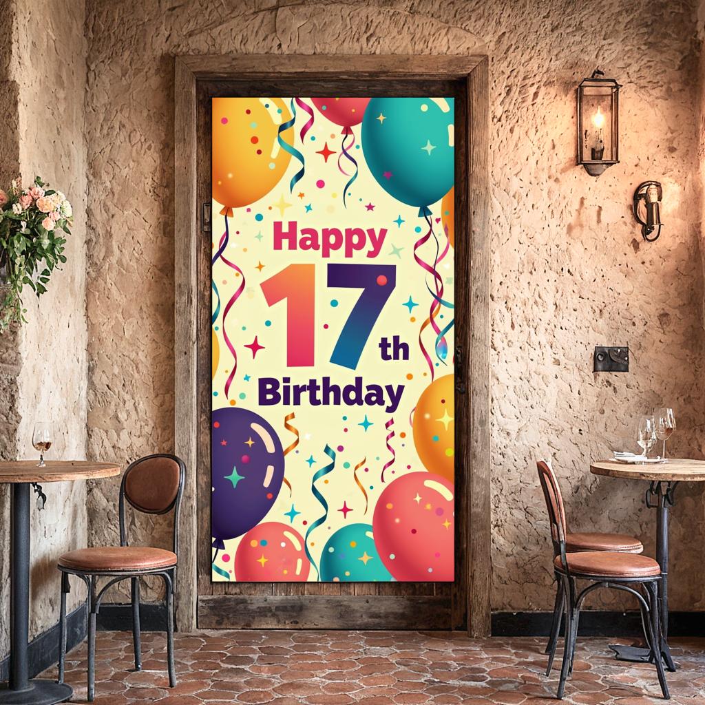 17th Happy Birthday Backdrop Banner Birthday Cake Balloon Gift Photography Background Event Festive Decoration Party Supplies