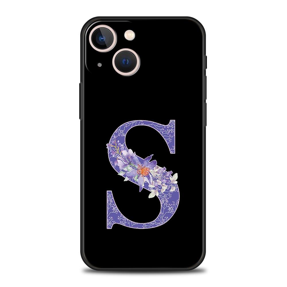 Letters Purple Flower Phone Case For iPhone 17 16 15 Pro Max 11 12 13 14 7 8 Plus SE 2020 X XR XS Cover Soft Black