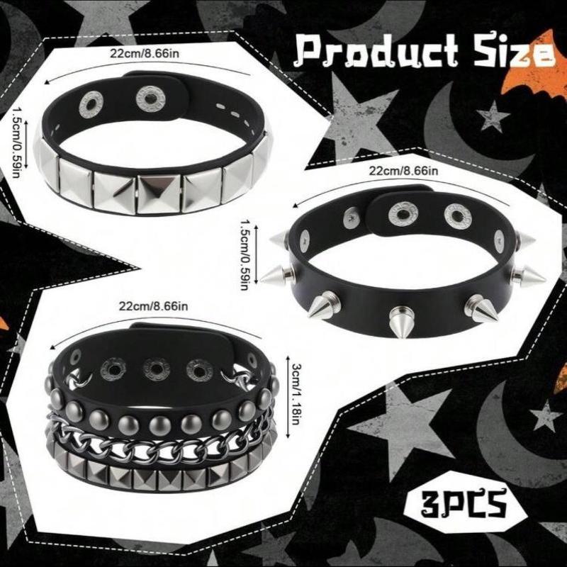 3Pcs Gothic Punk Bracelet Set Spike Rivet Leather Cuff Wristband Adjustable for Men Women Street Party Wear