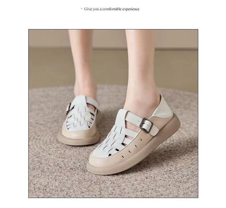 Sandalias Retro de Cuero Suave Transpirable de Punta Cerrada para Mujer Verano 2025