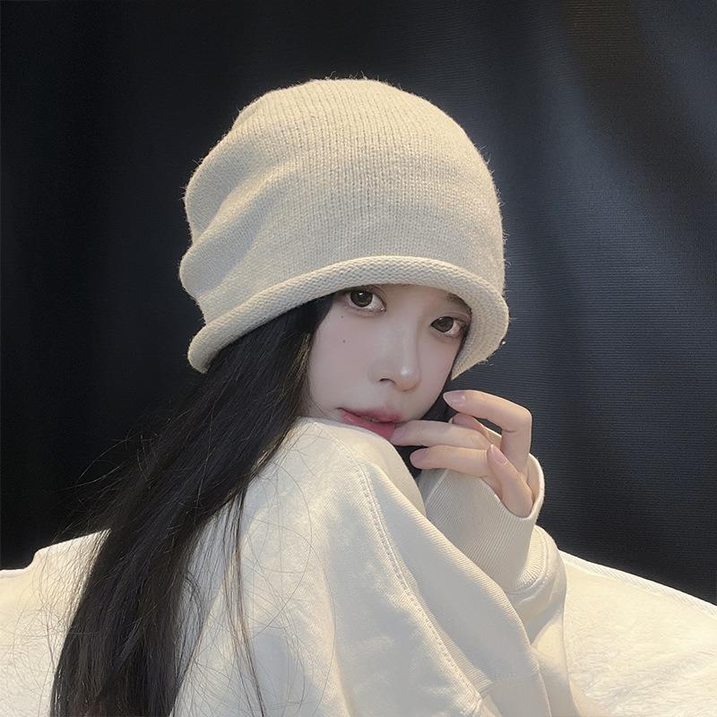 Autumn and Winter New Women's Heap Big Head Circumference Ear Protection Drawstring Hat Headgear Versatile Warm and Cold-proof Knitted Hat