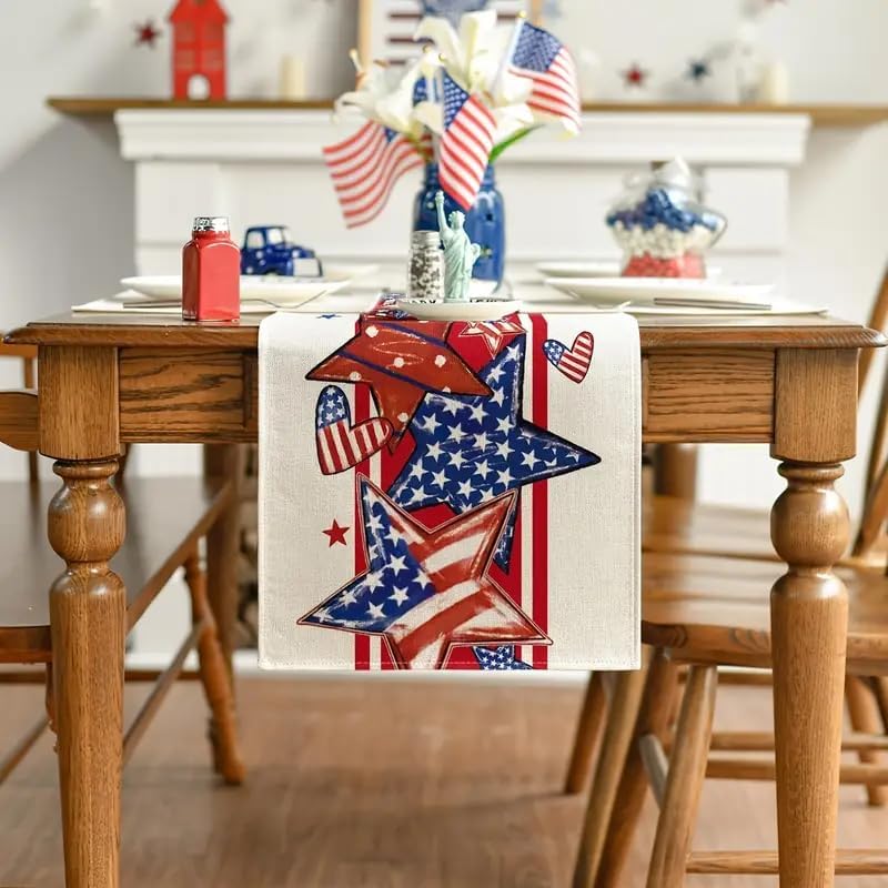 Independence Day Heart Star Table Runner 13x60 Inch , Linen 4th of July Patriotic Red and Blue Table Runners for Table Dinning Kitchen Party Holiday
