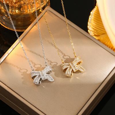 Luxury Exquisite Bright Cubic Zirconia Bow Pendant Necklace Women Fashion Party Zircon Anniversary Birthday Gift Accessories