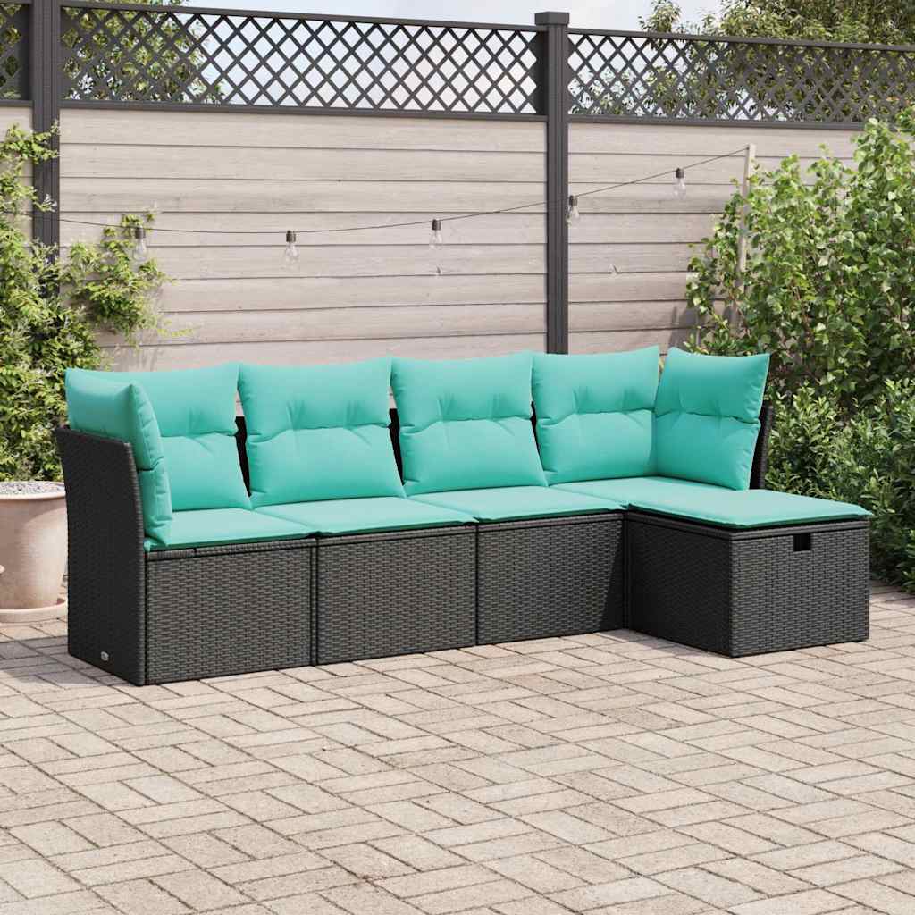 5 Piece Outdoor Sofa Set with Cushions Black Poly Rattan