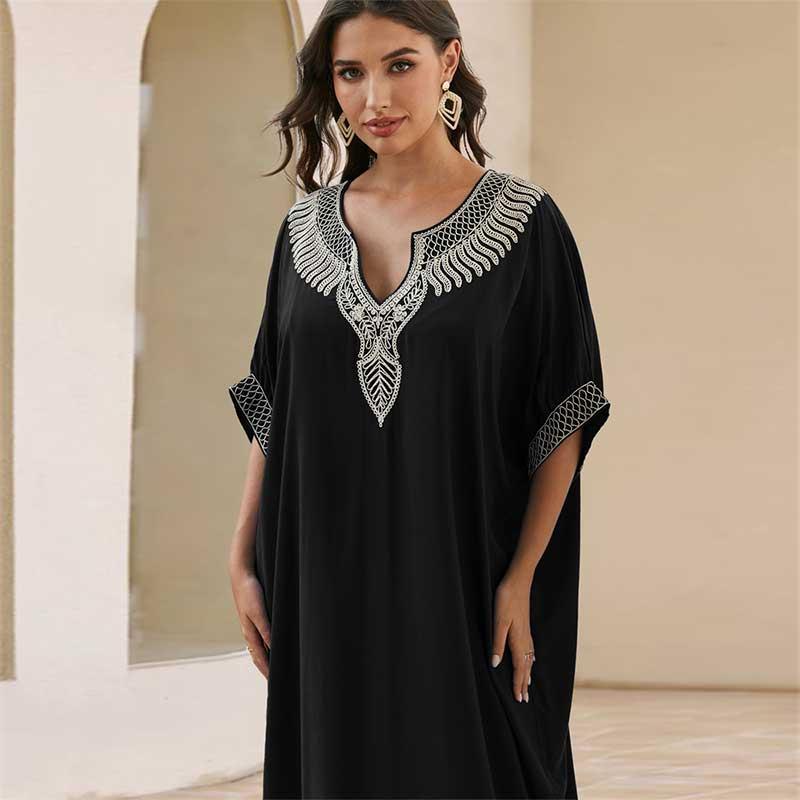 2024 Black Fashion Badedrakt Cover Up For Kvinner Hus Kjole Elegant broderi Kaftan Summer Beach Badedrakt Coverup Outfit Q1622