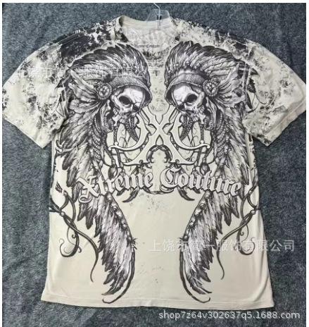 Summer Men's Fashion Skull Letter Printing Trend Slim Fit Casual 3D Digital Printing Short Sleeve Top