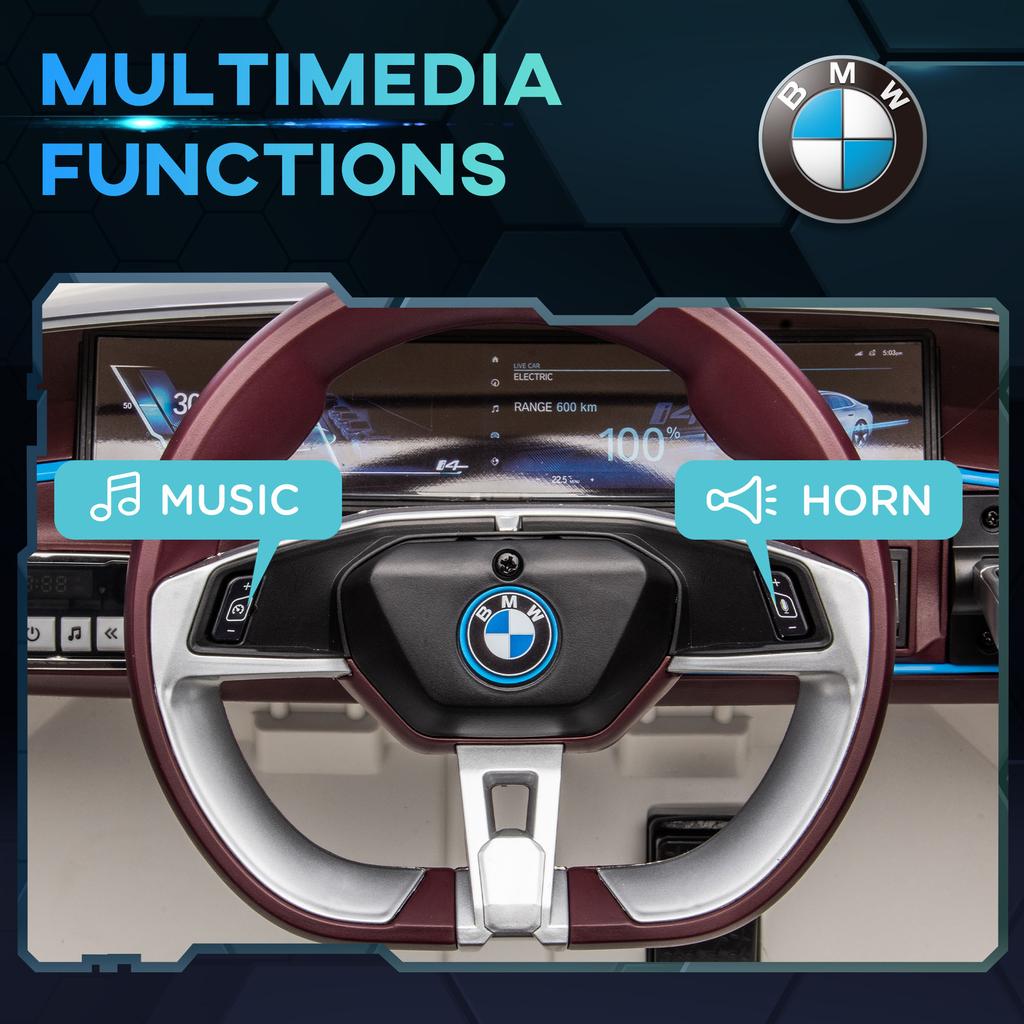 BMW i4 Licensed 12V Kids Electric Ride-On Car, White, Red and Light Blue