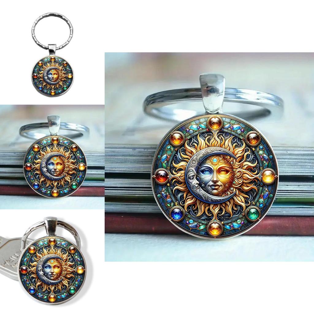 Cute Sun Moon Glass Pendant Keyring Portable Key Organizer For Gift Or Personal Use