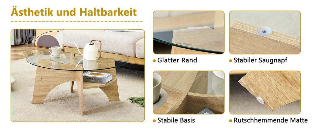 Modern Round Glass Coffee Table – diameter 80 cm with Transparent Top. Fan-shaped Frame, Table Legs MDF Natural Wood Tone. Ideal for Living Room.