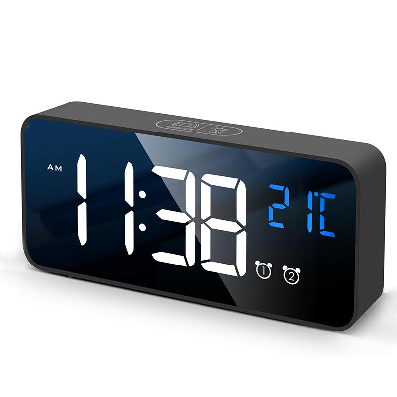 Digital Alarm Clock Temperature Display Portable Bedside Music Clock for Home Office Bathroom Dual Alarms Ringtones Rechargeable