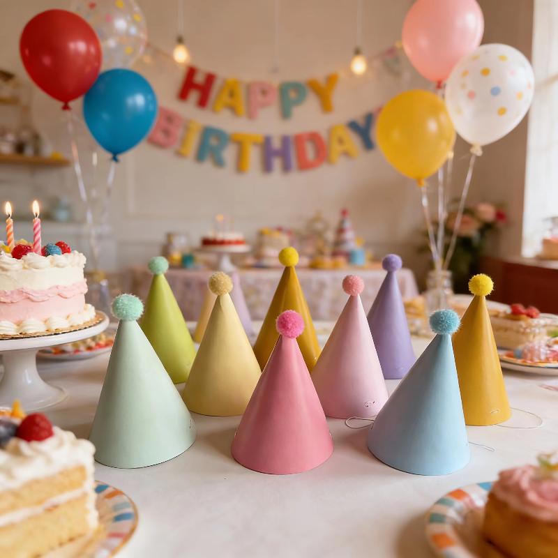Cone Birthday Party Hats with Pom Poms Waterproof Colorful Paper Hats 9/12Pcs for Beach Pool Birthday Party Decor Favors Gifts