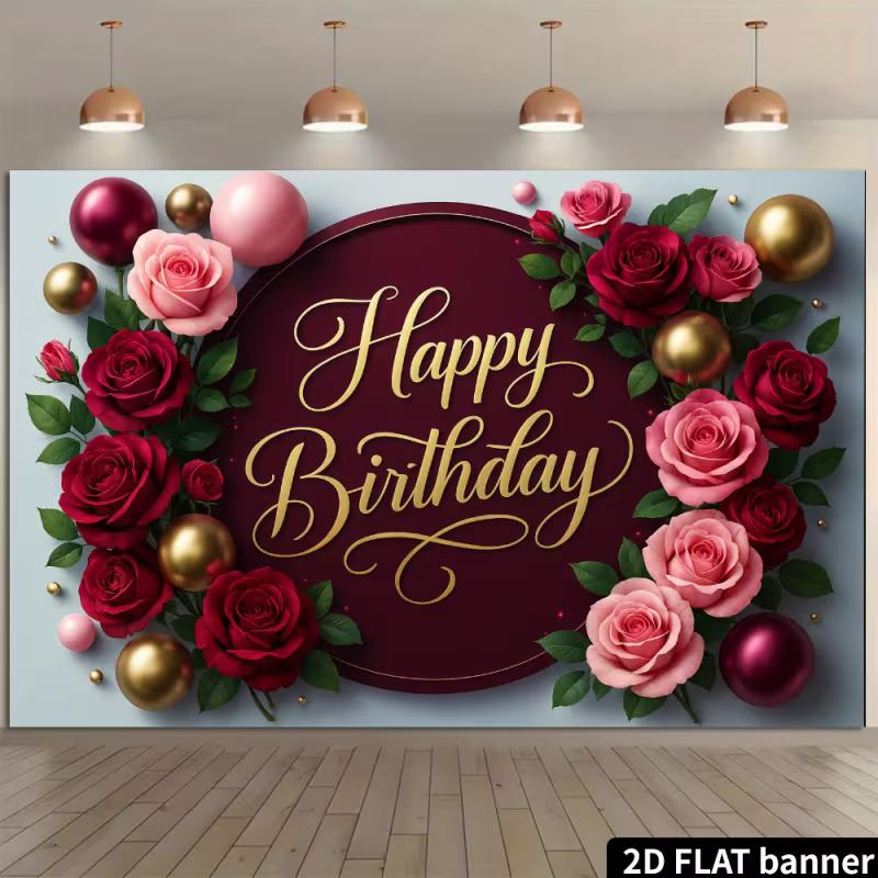 2D Burgundy Gold Birthday Backdrop - Luxury Floral Banner for Adult Birthday Photoshoot