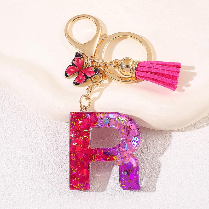 Glitter A-Z Shiny Sequin Letter Pendant Keychain Tassel Star Ball Charms Keyrings Women Bag Ornaments Car Trinket Accessories