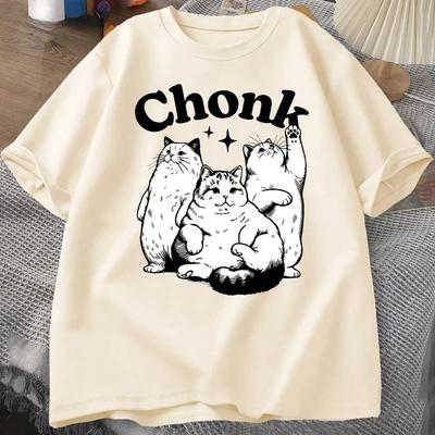 Funny Chonk Cat TShirt for Women Cute Fat Cat Tee Shirt Minimalist Graphic Tee Pet Owners Cat Lovers Tshirt Clothing Y2K