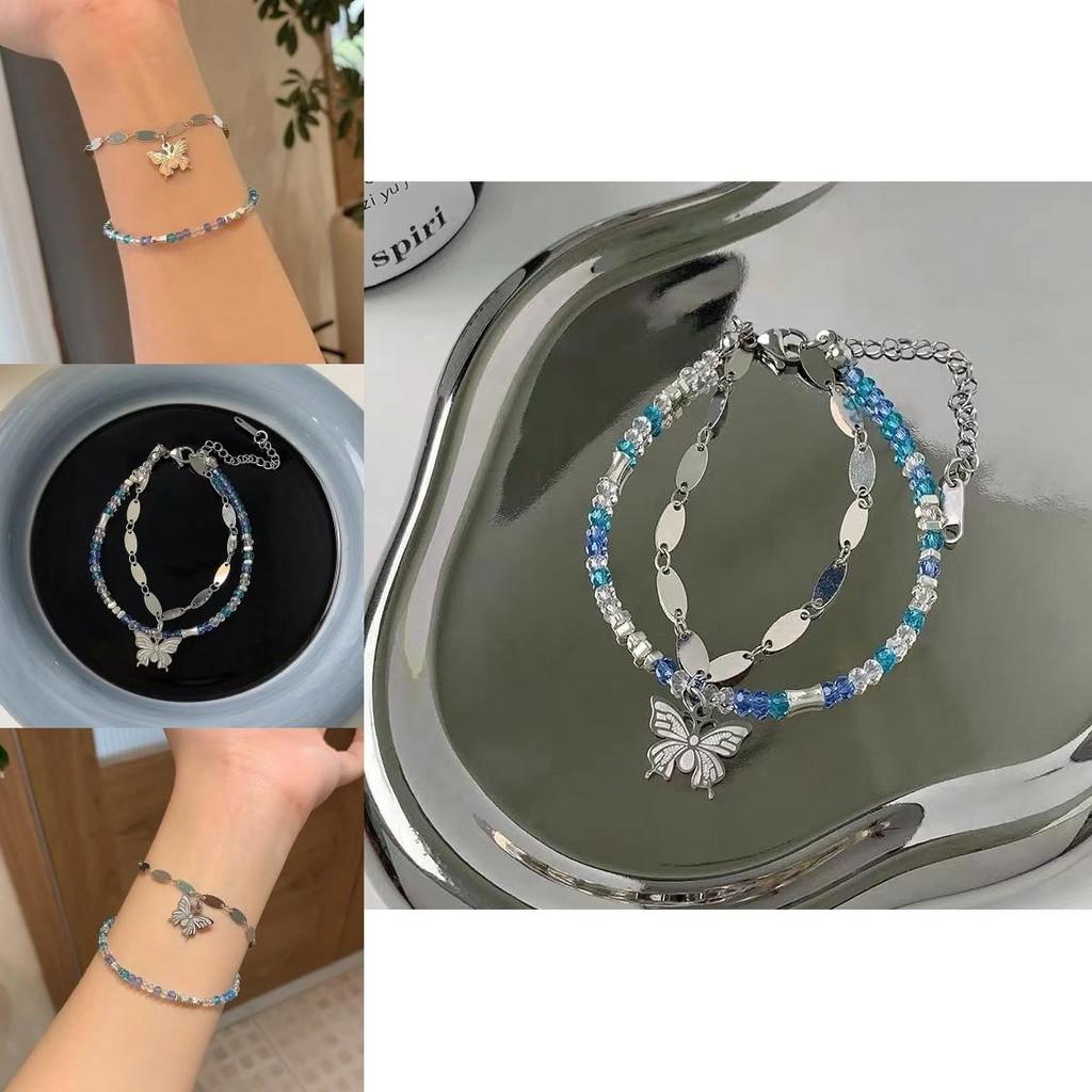 Stylish Double Layer Butterfly Bracelet For Women With Blue Crystal Beads
