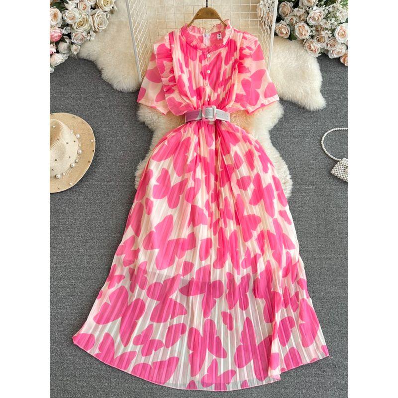 Accessible Luxury Stand Collar A- line Printed Dress Elegant Short Sleeve