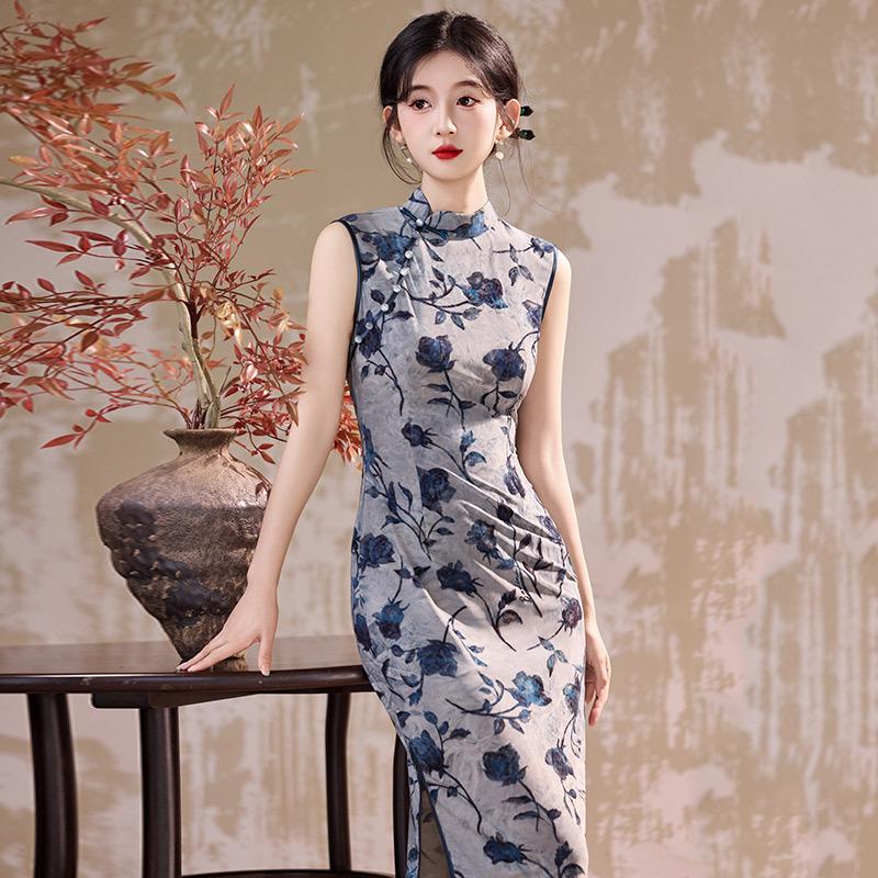 Sleeveless national style new Chinese long cheongsam improved young new women's retro slim waist evening dress