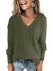 Women's V Neck Long Sleeve Ribbed Knit Top Loose Fit Vintage Brushed Pullover Casual T Shirt