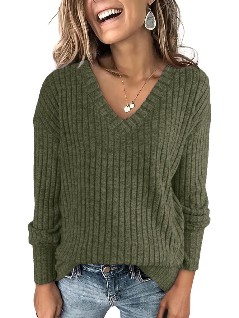 Women's V Neck Long Sleeve Ribbed Knit Top Loose Fit Vintage Brushed Pullover Casual T Shirt